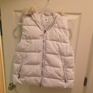 GAP Beige Puffer Vest with Faux Fur Trim Hood